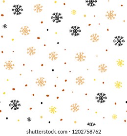 Light Orange vector seamless cover with beautiful snowflakes. Shining colorful illustration with snow on abstract template. Pattern for trendy fabric, wallpapers.