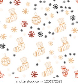 Light Orange vector seamless cover with beautiful snowflakes, balls, socks, mittens. Modern geometric abstract illustration. Design for textile, fabric, wallpapers.