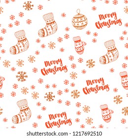 Light Orange vector seamless cover with beautiful snowflakes, balls, socks, mittens. Glitter abstract illustration with gradient. Design for textile, fabric, wallpapers.