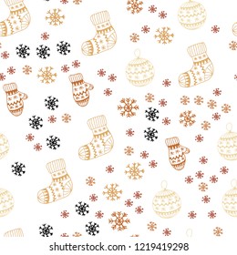 Light Orange vector seamless cover with beautiful snowflakes, balls, socks, mittens. Colorful illustration with xmas symbols. Design for wallpaper, fabric makers.