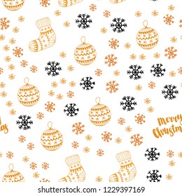 Light Orange vector seamless cover with beautiful snowflakes, balls, socks, mittens. Glitter abstract illustration with gradient. Template for business cards, websites.