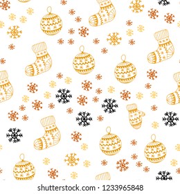Light Orange vector seamless cover with beautiful snowflakes, balls, socks, mittens. Colorful xmas elements with gradient. Pattern for trendy fabric, wallpapers.