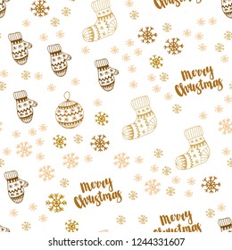 Light Orange vector seamless cover with beautiful snowflakes, balls, socks, mittens. Glitter abstract illustration with gradient. Design for textile, fabric, wallpapers.