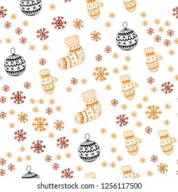 Light Orange vector seamless cover with beautiful snowflakes, balls, socks, mittens. Colorful xmas elements with gradient. Design for textile, fabric, wallpapers.