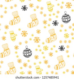 Light Orange vector seamless cover with beautiful snowflakes, balls, socks, mittens. Colorful decorative design in xmas style. Pattern for trendy fabric, wallpapers.
