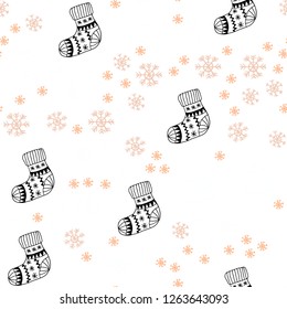 Light Orange vector seamless cover with beautiful snowflakes, balls, socks, mittens. Colorful illustration with xmas symbols. Template for business cards, websites.