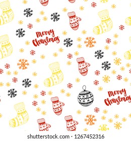 Light Orange vector seamless cover with beautiful snowflakes, balls, socks, mittens. Modern geometric abstract illustration. Texture for window blinds, curtains.