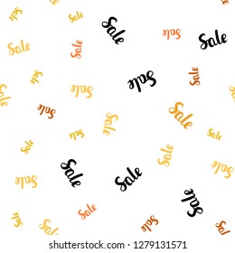 Light Orange vector seamless cover with symbols of sales. Colored words of sales with gradient on white background. Template for season sales, shopping ads.