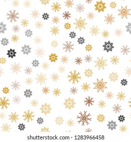 Light Orange vector seamless cover with beautiful snowflakes. Shining colored illustration with snow in christmas style. Pattern for trendy fabric, wallpapers.