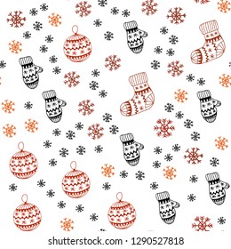 Light Orange vector seamless cover with beautiful snowflakes, balls, socks, mittens. Shining colorful illustration in christmas style. Template for business cards, websites.