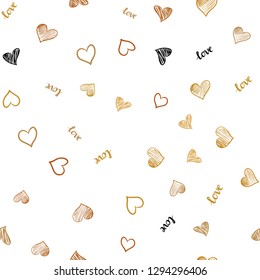 Light Orange vector seamless cover with quote LOVE  , hearts. Colorful gradient phrase LOVE  , hearts in abstract style. Pattern for trendy fabric, wallpapers.