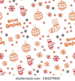 Light Orange vector seamless cover with beautiful snowflakes, balls, socks, mittens. Colorful decorative design in xmas style. Template for business cards, websites.