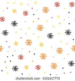 Light Orange vector seamless cover with beautiful snowflakes. Shining colorful illustration with snow in christmas style. Trendy design for wallpaper, fabric makers.