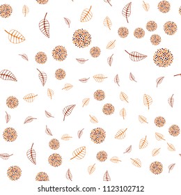 Light Orange vector seamless doodle layout with leaves and flowers. Glitter abstract illustration with leaves and flowers. Textured pattern for a website, banner.