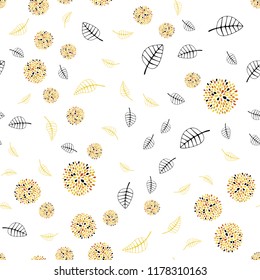 Light Orange vector seamless doodle pattern with leaves and flowers. An elegant bright illustration with leaves and flowers. Hand painted design for web, wrapping.