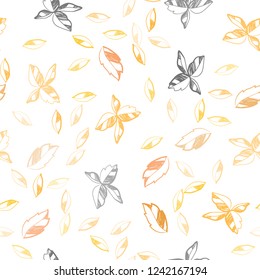 Light Orange vector seamless elegant wallpaper with leaves. A vague abstract illustration with leaves in doodles style. Pattern for design of fabric, wallpapers.