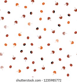 Light Orange vector seamless layout with coffee set. Decorative gradient design of coffee cups and beans. Doodle design for your business advert of cafes.