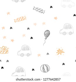 Light Orange vector seamless layout in new year style. Shining illustration with a toy car, baloon, candy, star, ball. Design for colorful commercials.
