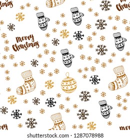 Light Orange vector seamless layout with bright snowflakes, balls, socks, mittens. Shining colorful illustration in christmas style. Template for business cards, websites.