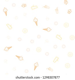 Light Orange vector seamless layout with restaurant food. Blurred decorative design of snacks in doodle style. Template for meal cooking in kitchen.