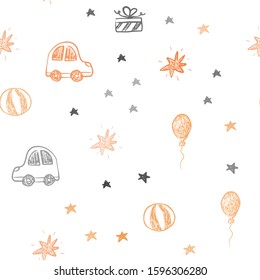 Light Orange vector seamless layout in new year style. Illustration with a gradient toy car, baloon, candy, star, ball. Pattern for carnival, festival ads.