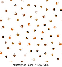 Light Orange vector seamless pattern with coffee beans, cups. Glitter abstract backdrop with gradient mugs, coffee grains. Pattern for ads of breakfast, lunch, dinner.