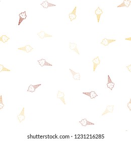 Light Orange vector seamless pattern with cold ice-cream. Glitter abstract sketch with ice-cream cones. Pattern for ads of breakfast, lunch, dinner.