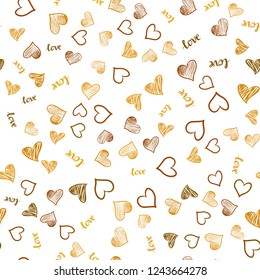 Light Orange vector seamless pattern with phrase LOVE YOU, hearts. Design in doodle style with text LOVE YOU, hearts. Pattern for trendy fabric, wallpapers.