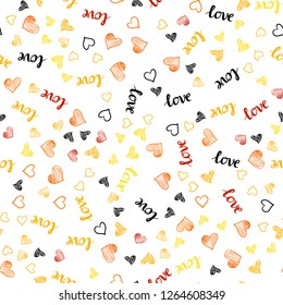 Light Orange vector seamless pattern with phrase LOVE YOU, hearts. Design in doodle style with text LOVE YOU, hearts. Pattern for trendy fabric, wallpapers.