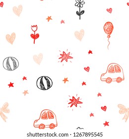 Light Orange vector seamless pattern with christmas toys. Abstract illustration with a toy car, heart, baloon, tulip, candy, ball. Design for holiday adverts.