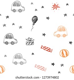 Light Orange vector seamless pattern in christmas style. Colorful illustration with a toy car, baloon, candy, star, ball. Design for holiday adverts.