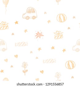 Light Orange vector seamless pattern with christmas toys. Design in xmas style with a toy car, heart, baloon, tulip, candy, ball. Pattern for new year ads.
