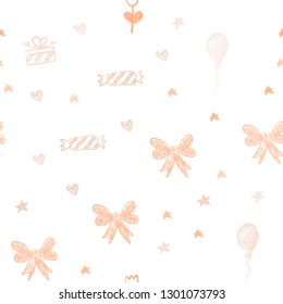 Light Orange vector seamless pattern with christmas toys. Abstract illustration with a toy car, heart, baloon, tulip, candy, ball. Pattern for carnival, festival ads.