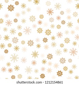 Light Orange vector seamless template with ice snowflakes. Blurred decorative design in xmas style with snow. Pattern for trendy fabric, wallpapers.