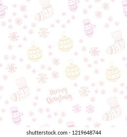 Light Orange vector seamless template with ice snowflakes, balls, socks, mittens. Glitter abstract illustration with gradient. Pattern for design of fabric, wallpapers.