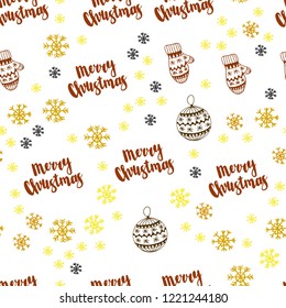 Light Orange vector seamless template with ice snowflakes, balls, socks, mittens. Glitter abstract illustration with gradient. Design for wallpaper, fabric makers.