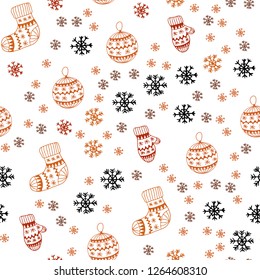 Light Orange vector seamless template with ice snowflakes, balls, socks, mittens. Colorful illustration with xmas symbols. Pattern for trendy fabric, wallpapers.
