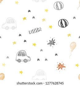 Light Orange vector seamless template in carnival style. Colorful illustration with a toy car, baloon, candy, star, ball. Pattern for carnival, festival ads.