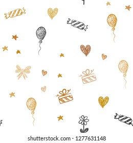 Light Orange vector seamless template in carnival style. Illustration with a colorfulheart, baloon, candy, gift, star, ribbon. Design for holiday adverts.