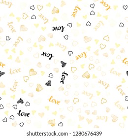 Light Orange vector seamless template with text LOVE YOU, hearts. Illustration with words of love, hearts in abstract style. Texture for window blinds, curtains.