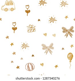 Light Orange vector seamless template with carnival elements. Illustration with a gradient toy car, heart, baloon, tulip, candy, ball. Pattern for new year ads.