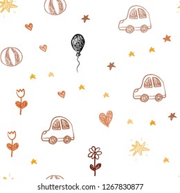 Light Orange vector seamless texture with birthday gifts. Shining illustration with a toy car, heart, baloon, tulip, candy, ball. Pattern for birthday gifts.