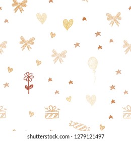 Light Orange vector seamless texture in birthday style. Illustration with a colorfulheart, baloon, candy, gift, star, ribbon. Pattern for birthday gifts.