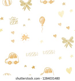 Light Orange vector seamless texture with birthday gifts. Illustration with a colorful toy car, heart, baloon, tulip, candy, ball. Design for colorful commercials.