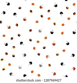 Light Orange vector seamless texture with coffee beans, mugs. Gradient illustration with coffee beans, tea cups. Pattern for ads of breakfast, lunch, dinner.