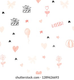 Light Orange vector seamless texture in birthday style. Colorful illustration with aheart, baloon, candy, gift, star, ribbon. Pattern for new year ads.