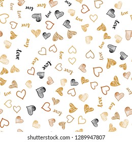 Light Orange vector seamless texture with words LOVE YOU, hearts. Illustration with phrase LOVE YOU, hearts for valentine's day. Template for business cards, websites.