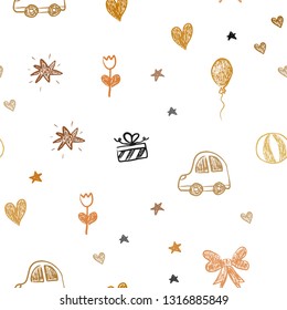 Light Orange vector seamless texture with birthday gifts. Abstract illustration with a toy car, heart, baloon, tulip, candy, ball. Pattern for birthday gifts.