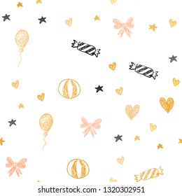 Light Orange vector seamless texture in birthday style. Illustration with a gradientheart, baloon, candy, gift, star, ribbon. Design for colorful commercials.