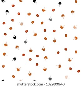 Light Orange vector seamless texture with coffee beans, mugs. Gradient illustration with coffee beans, tea cups. Doodle design for your business advert of cafes.